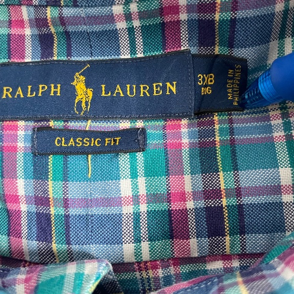 Ralph Lauren Men's Blue Green plaid button down sz 3xB classic fit flesh pony - Picture 2 of 10